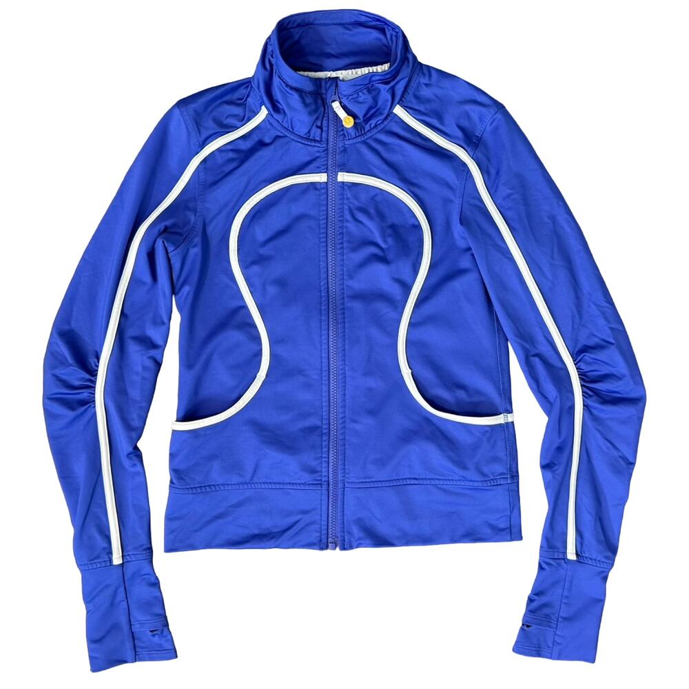 Lululemon Asana Blue Zip Up Track Jacket White Piping Thumbholes Size S / M
